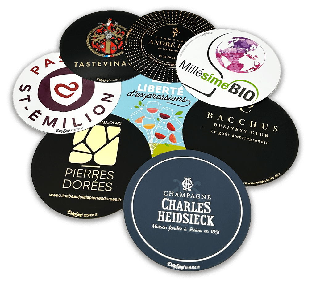 Collection de disques DropStop® personnalisés aux couleurs de marques et d’événements du monde viticole, dont Millésime BIO, St-Émilion, Champagne Charles Heidsieck et Tastevinage